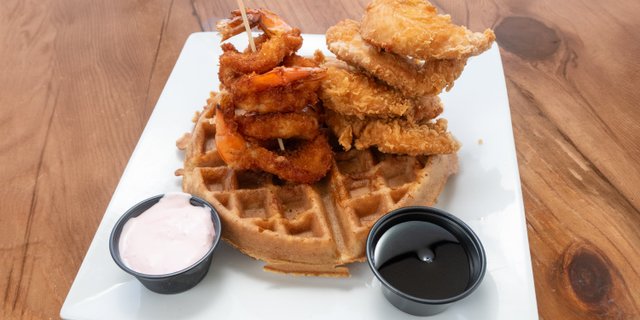 Fried Chicken & Waffles W/ Shrimp