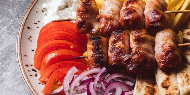 Chicken Bacon Souvlaki Skewer Dinner