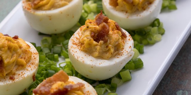 Deviled Eggs w/ Hickory Bacon & Paprika