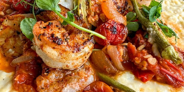 Grilled Florida Shrimp & Marsh Hen Mill Cheesy Grits