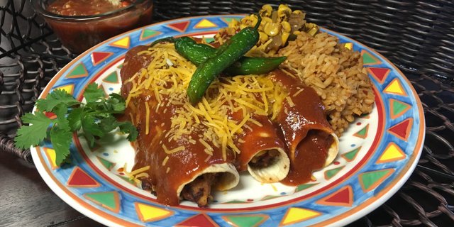 Layered Red Chile Beef Enchiladas