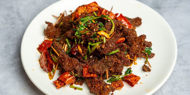 Spicy Double-Fried Mini Beef Skewers