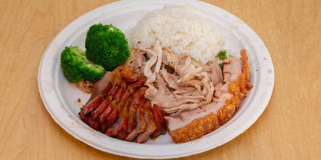 Crispy Pork & Free-Range Chicken Over Rice