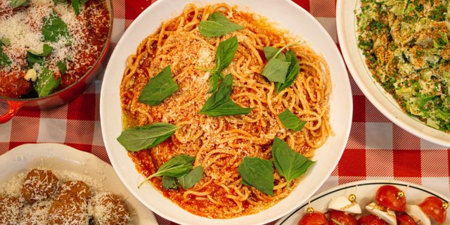 Two Pastas, Salad & Garlic Bread