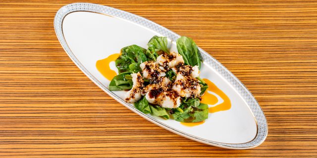 Poached White Fish or Prawns w/ Charred Scallion & Garlic Soy Reduction