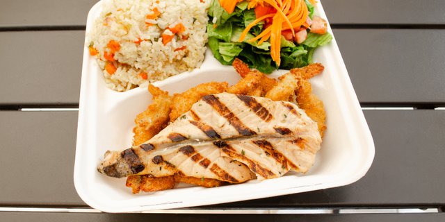 Grilled Salmon, Fried Shrimp, Seafood Rice & Salad Boxed Lunch