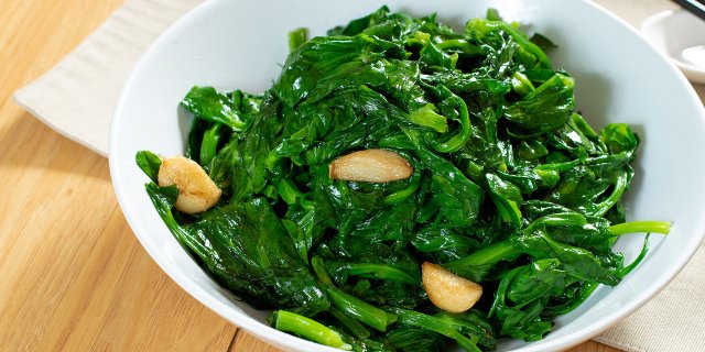 Sautéed Snow Peas Leaves w/ Roasted Garlic