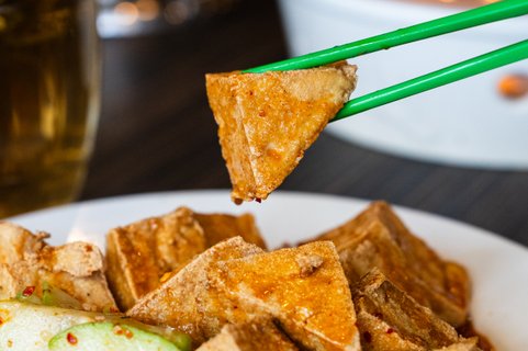 Crispy Tofu w/ Mustard Sauce & Charred Cauliflower