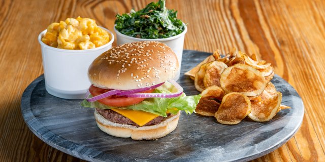 Burger, Chips, Kale Slaw + Mac & Cheese