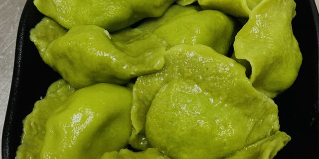 Chicken Dumpling Corn in Spinach Wrapper