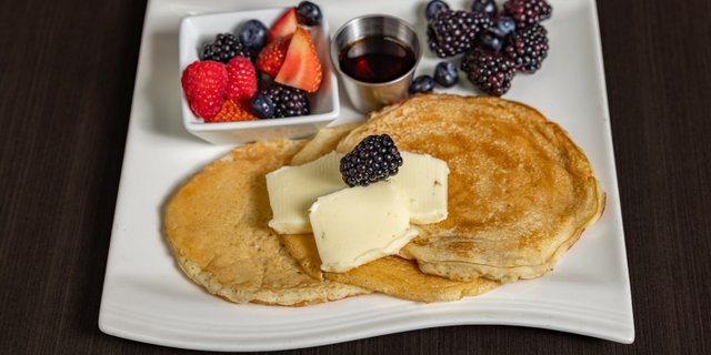 Two Pancakes W/ Fruit & Bacon