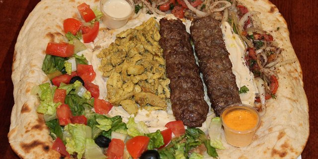 Chicken Shawarma, Beef Kofta Kabob & Hummus on Iraqi Bread