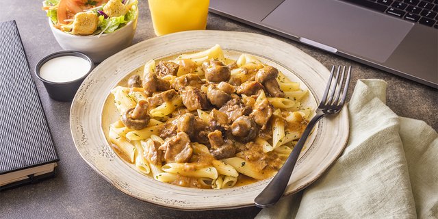 Beef Stroganoff w/ Pasta & Salad