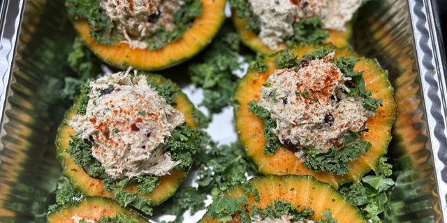 Mrs Ann's Chicken Salad Scoops in Canteloupe Bowls
