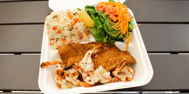 Grilled Tilapia, Shrimp, Seafood Rice & Salad Boxed Lunch