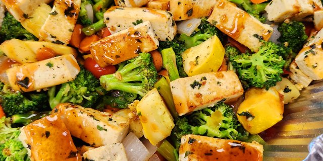 Pan Fried Tofu w/ Teriyaki Roasted Vegetables