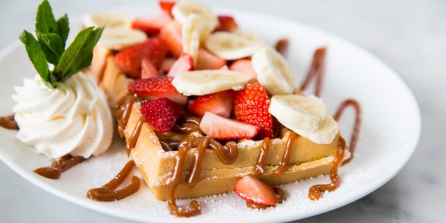 Strawberries & Bananas Dulce de Leche Waffles