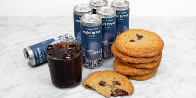 Fresh Baked Salted Chocolate Chip Cookies & Think Coffee Cold Brew.