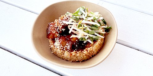 pork belly crispy rice bowl + side