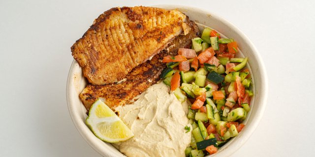 Grilled Fish Hummus Salad