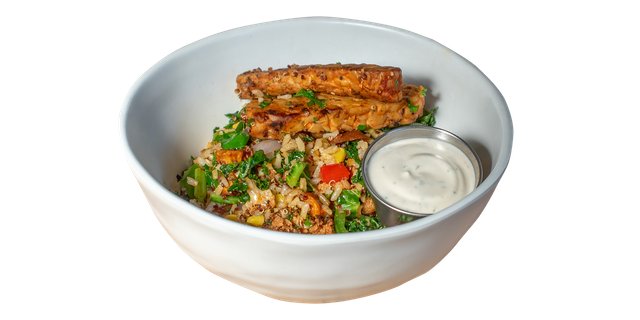 Buffalo Tempeh & Sesame Cauliflower Bowl