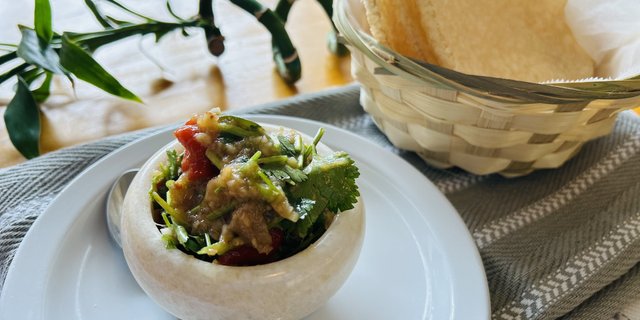 No. 22 Fire-Roasted Eggplant & Bell Pepper w/ Puffed Rice Cracker