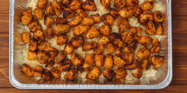 Chicken Shish Kebab Over White Rice Package