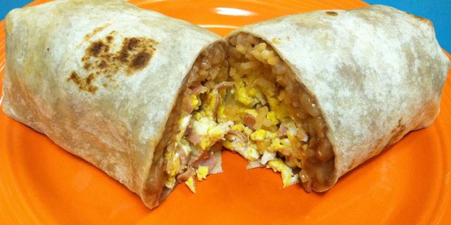 Eggs w/ Ham, Potatoes, Rice & Beans Burrito